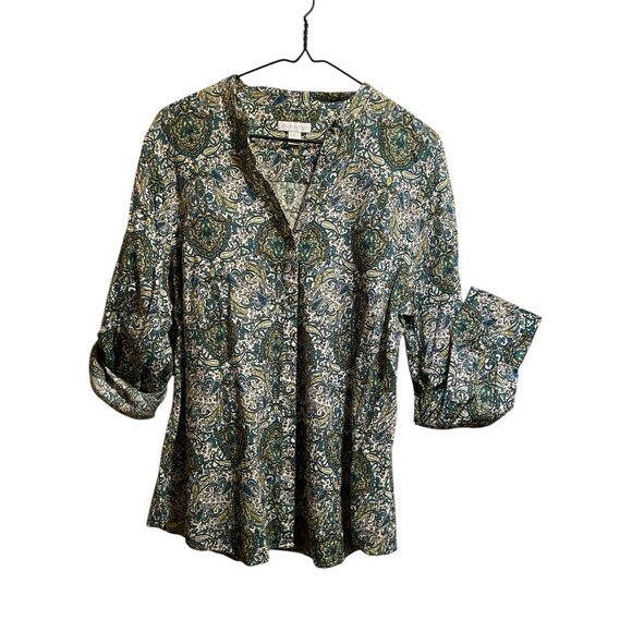 Woman's Blouse Size 16 Charter Club Green Tones Paisley V-Neck Mandarin Collar - Picture 3 of 13